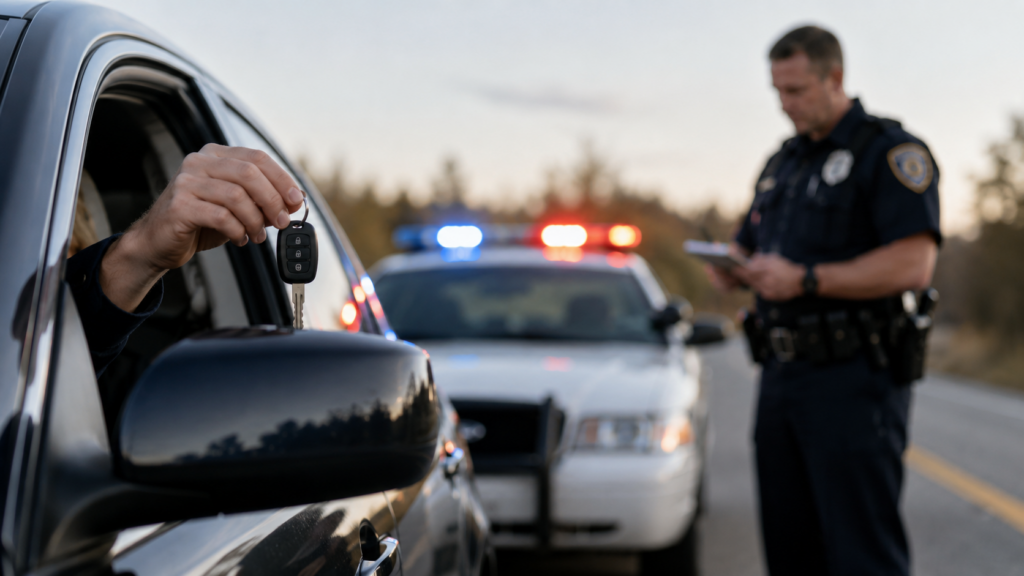 Driver’s hand holding car keys out a window during a roadside traffic stop, with a police officer and flashing patrol lights blurred in the background.