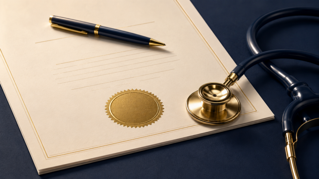 medical certificate with stethoscope and a pen