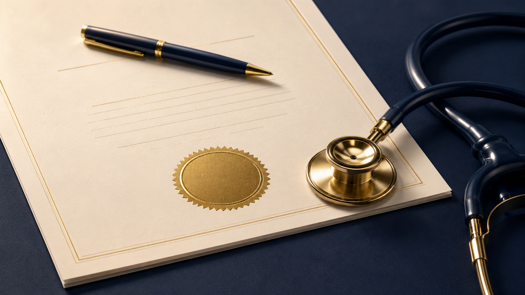 medical certificate with stethoscope and a pen