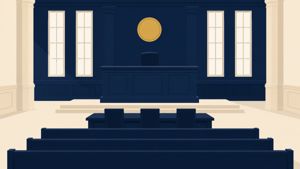 Minimalist-courtroom-interior-in-navy-and-cream