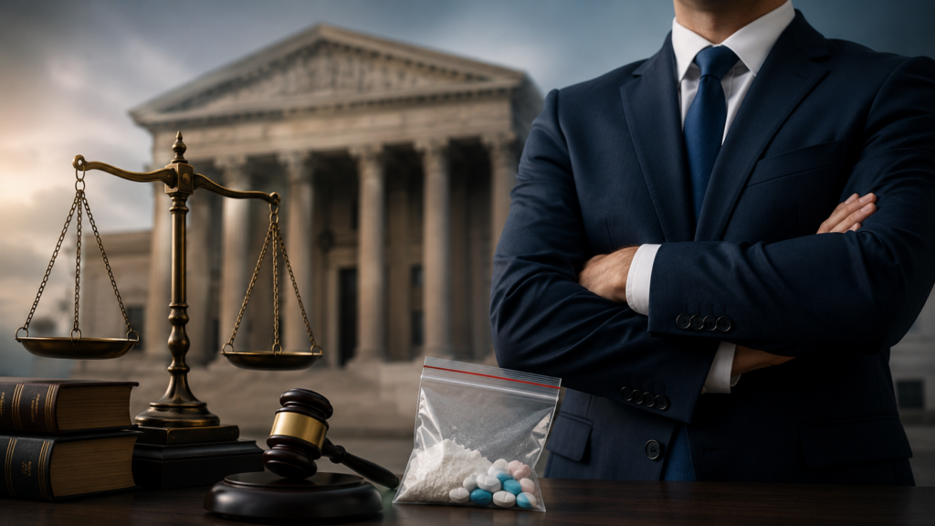 Criminal defense attorney standing beside scales of justice, a courthouse, and drug evidence.