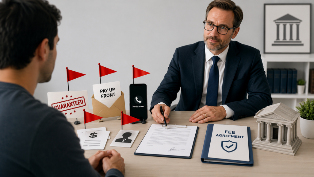 Prospective client reviewing a fee agreement with a personal injury attorney beside red flags for guarantees, upfront payment, and poor communication.