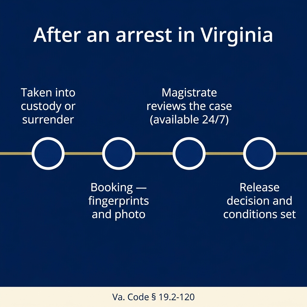The path from arrest or surrender to release: booking, then a magistrate sets the conditions of release