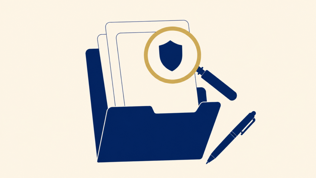 Files with magnifying glass and pen