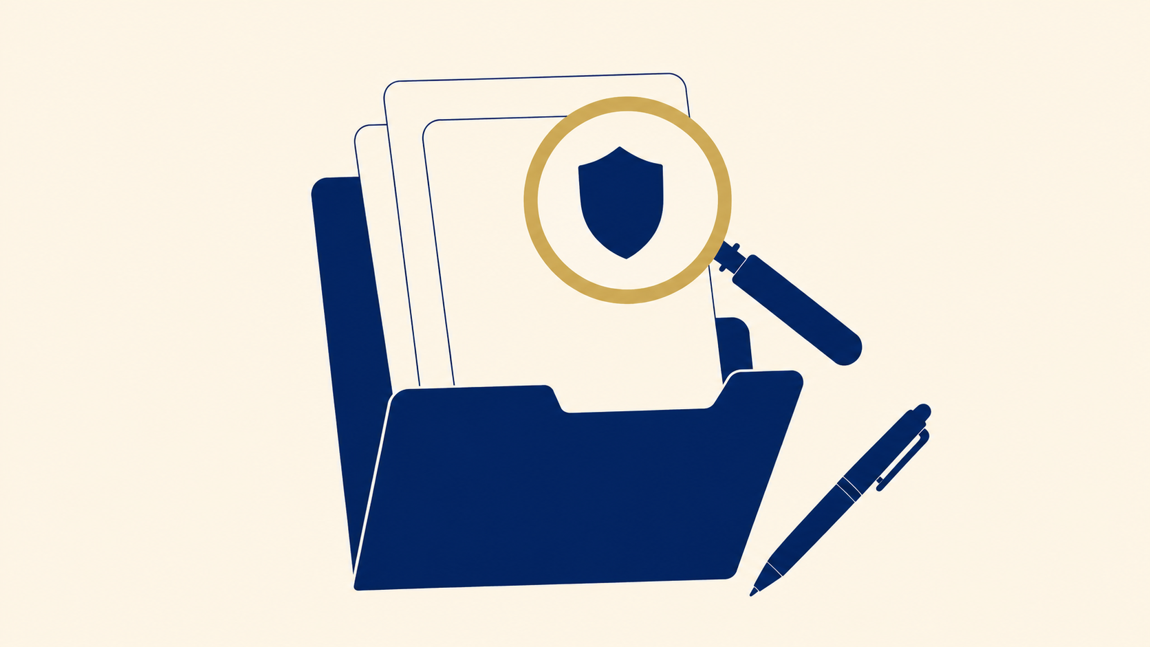Files with magnifying glass and pen