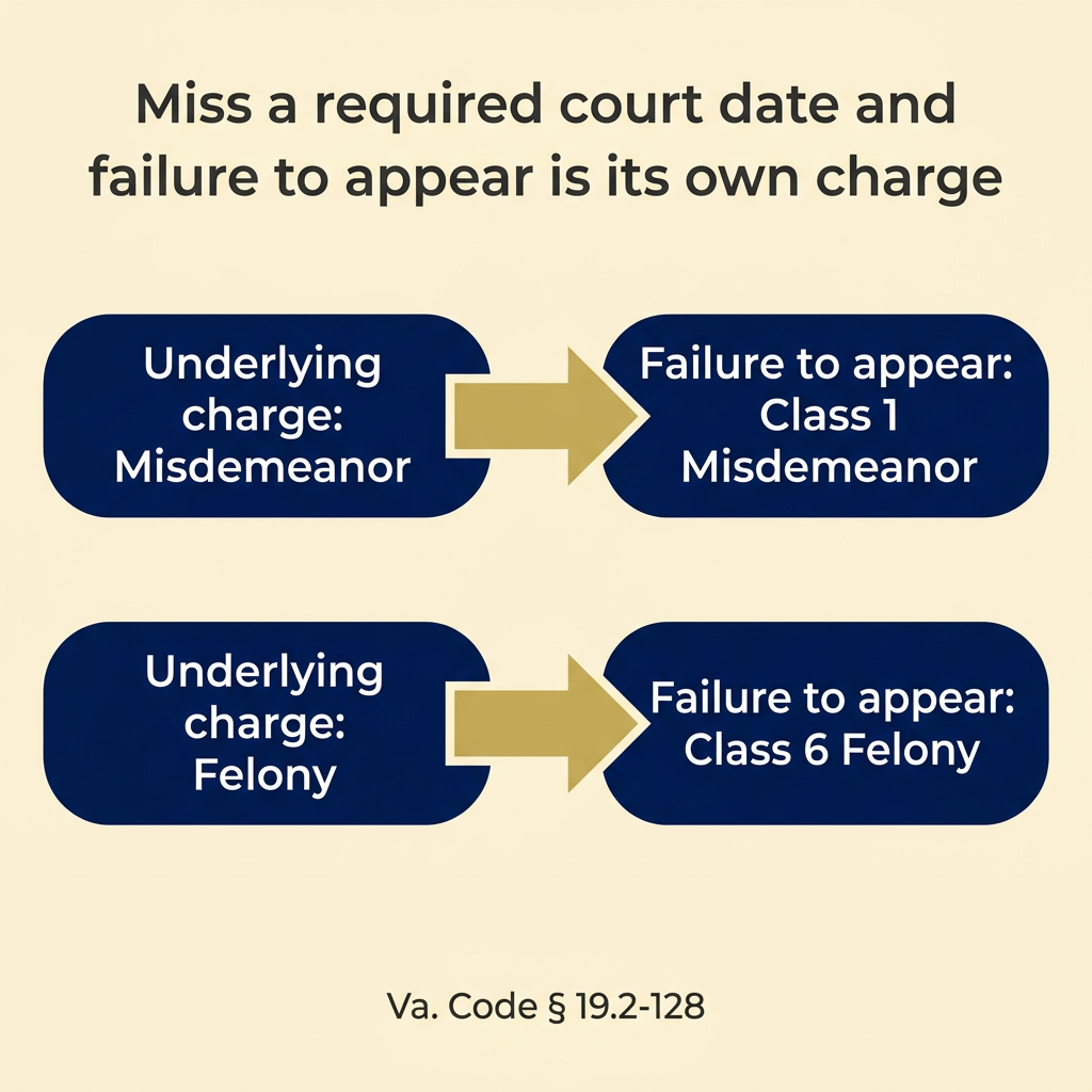 How failure to appear escalates: a Class 1 misdemeanor for a misdemeanor charge, a Class 6 felony for a felony charge
