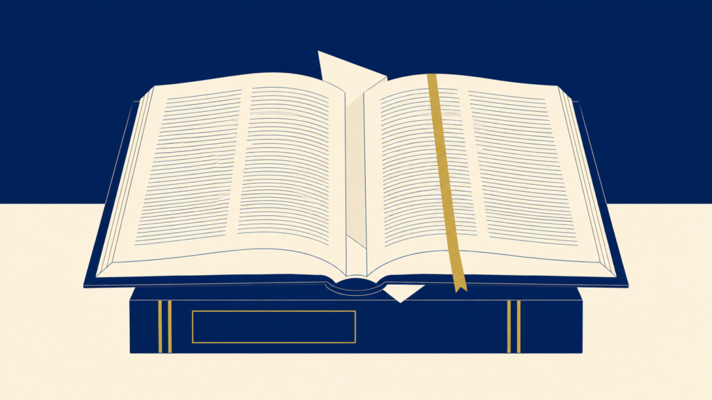 Open book with lined pages and a gold bookmark resting on a dark blue book stand against a navy and cream background.