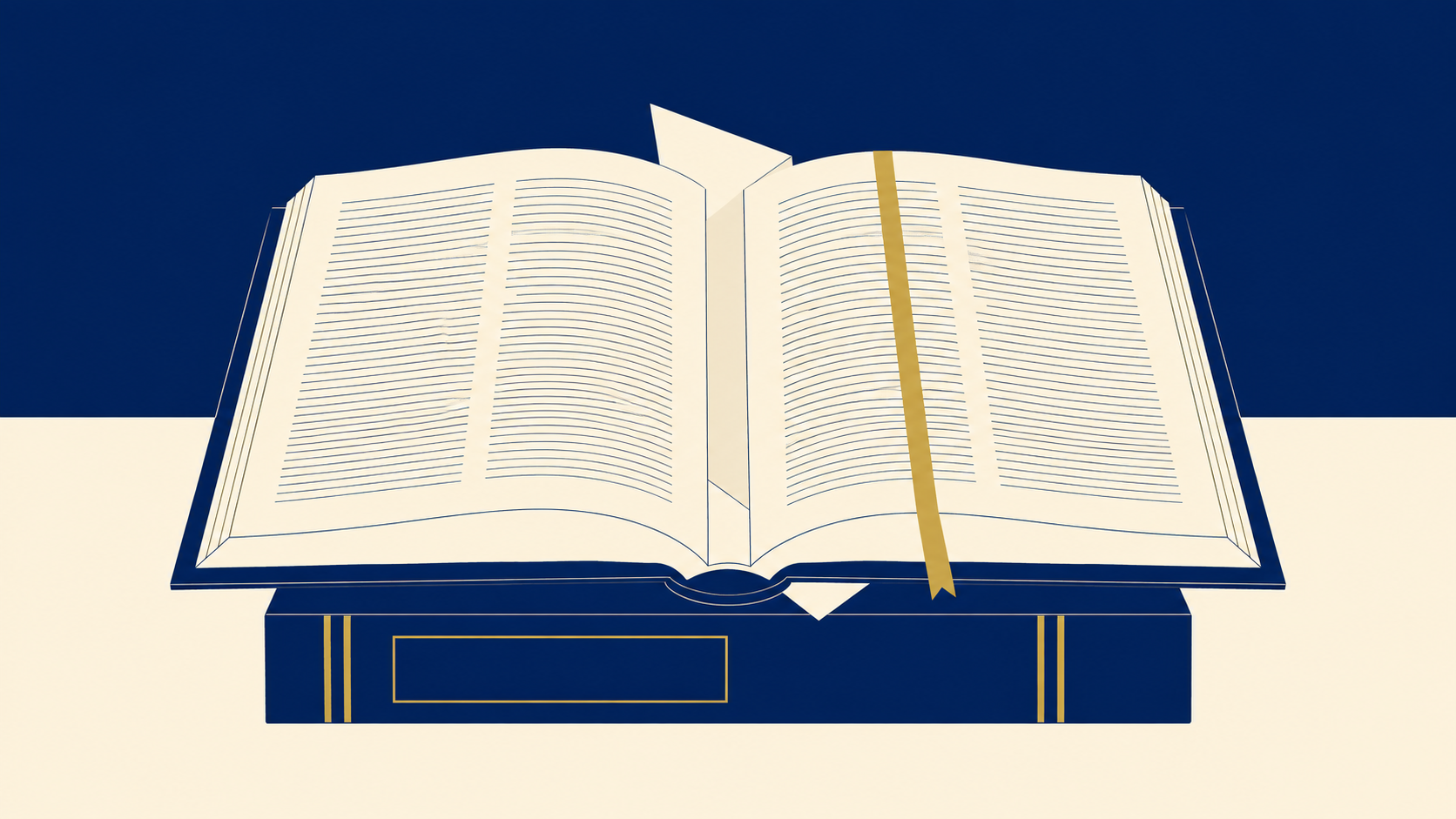 Open book with lined pages and a gold bookmark resting on a dark blue book stand against a navy and cream background.