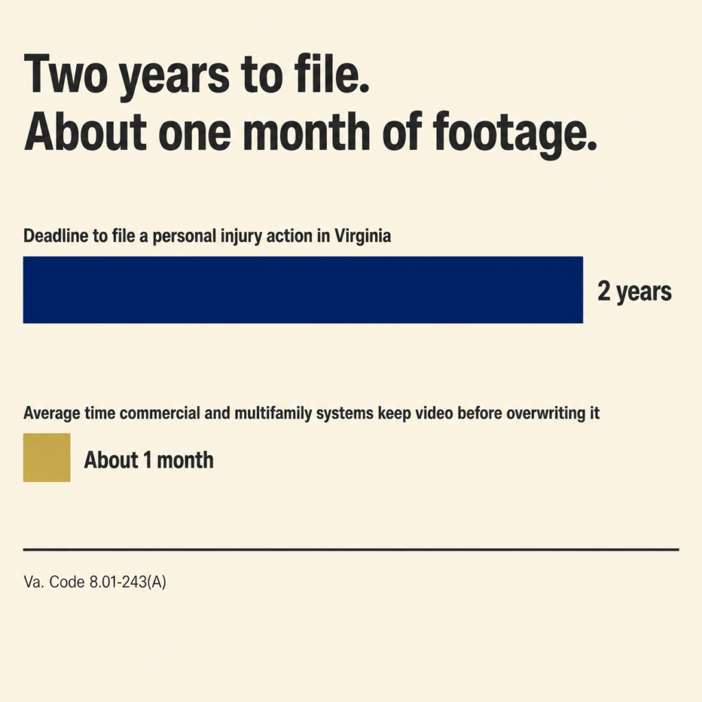 Virginia's two-year filing deadline compared with the roughly one month security footage is kept before overwriting