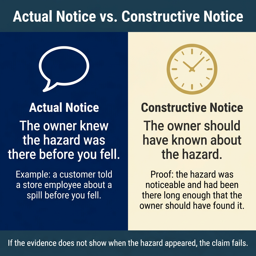 Split navy and cream infographic comparing actual notice and constructive notice, with a gold clock icon