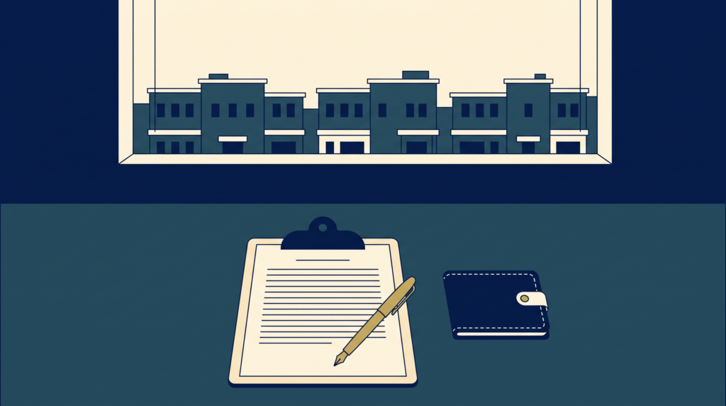 Flat illustration of a fee agreement on a clipboard with a gold pen beside a closed navy wallet on a desk