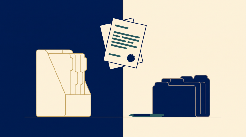 Flat illustration of a document floating above two file organizers on a split navy and cream background
