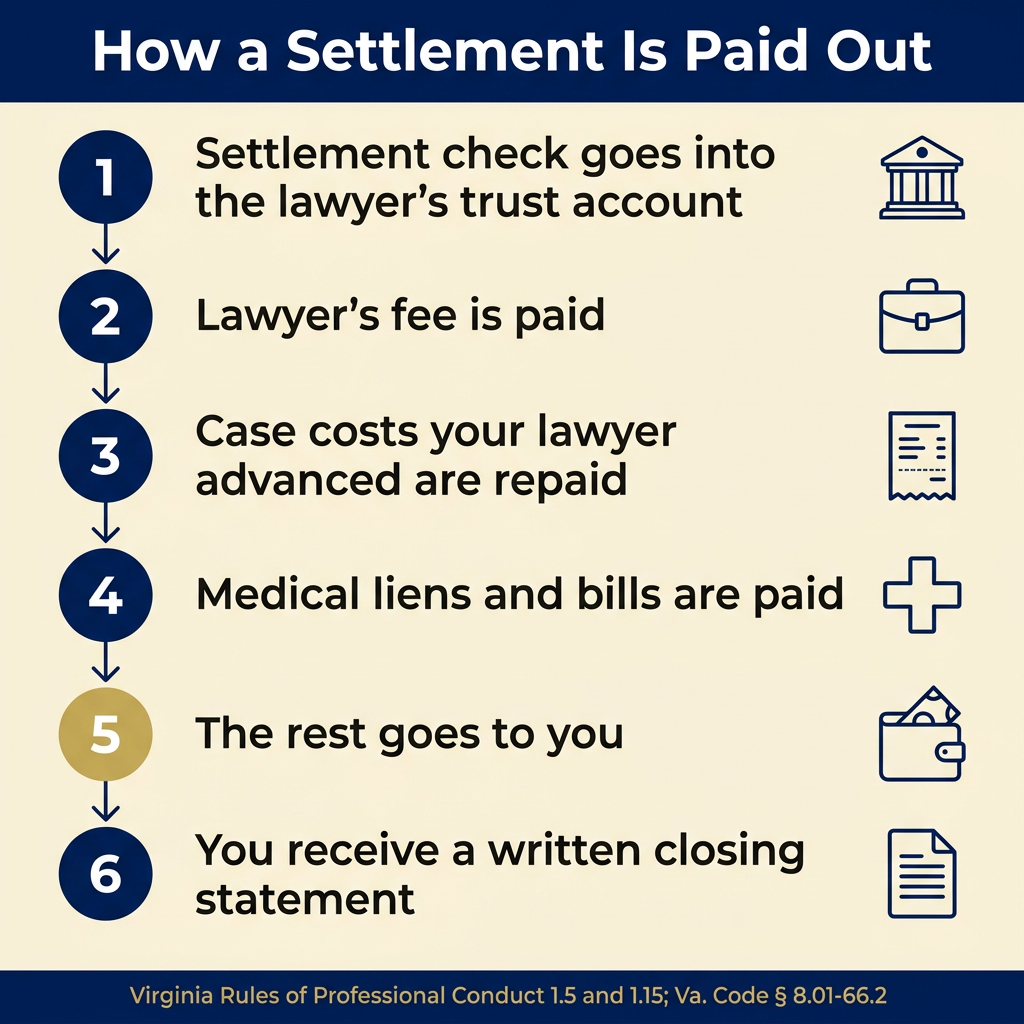 Six-step flow on cream showing a settlement moving from the trust account through fee, costs and liens to the client