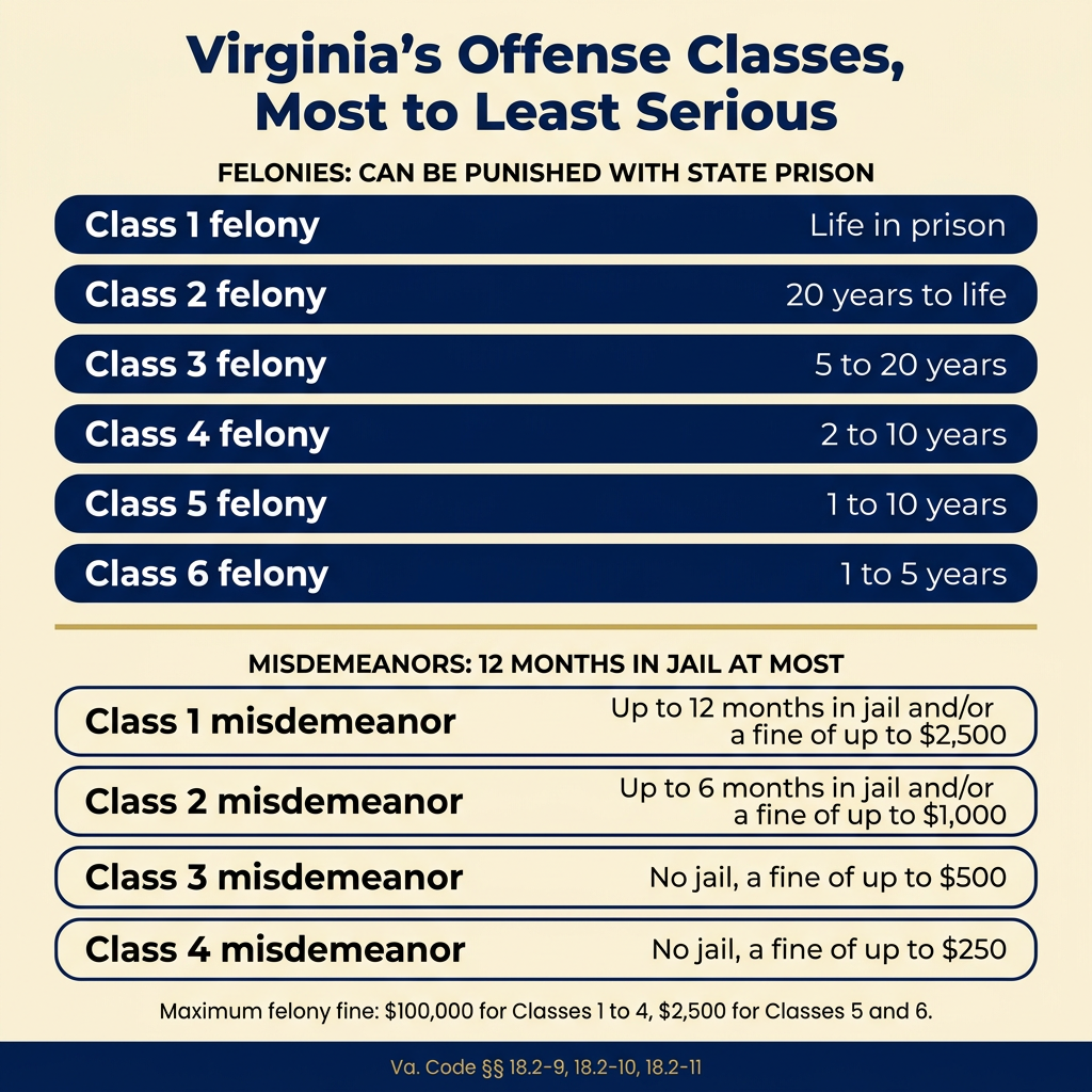 Ladder chart of Virginia's six felony and four misdemeanor classes with prison and jail ranges, split by a gold line