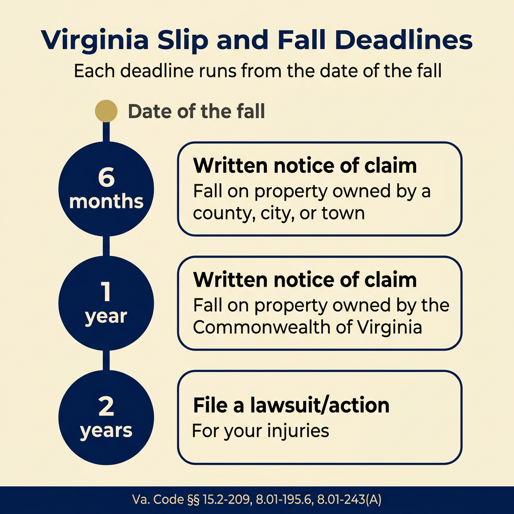 Cream timeline infographic of Virginia slip and fall deadlines: six months, one year, and two years from the fall