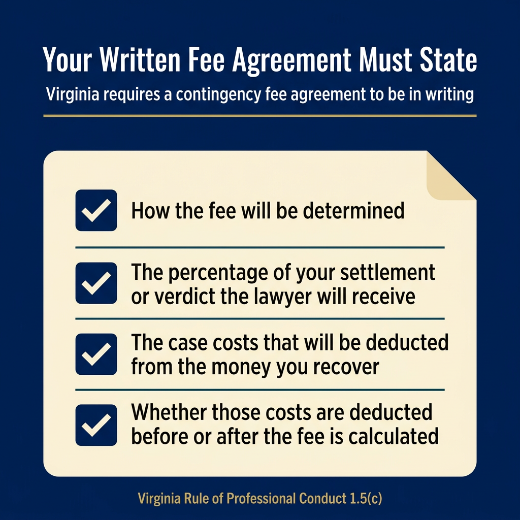 Navy graphic with a cream checklist of four terms a Virginia contingency fee agreement must state in writing