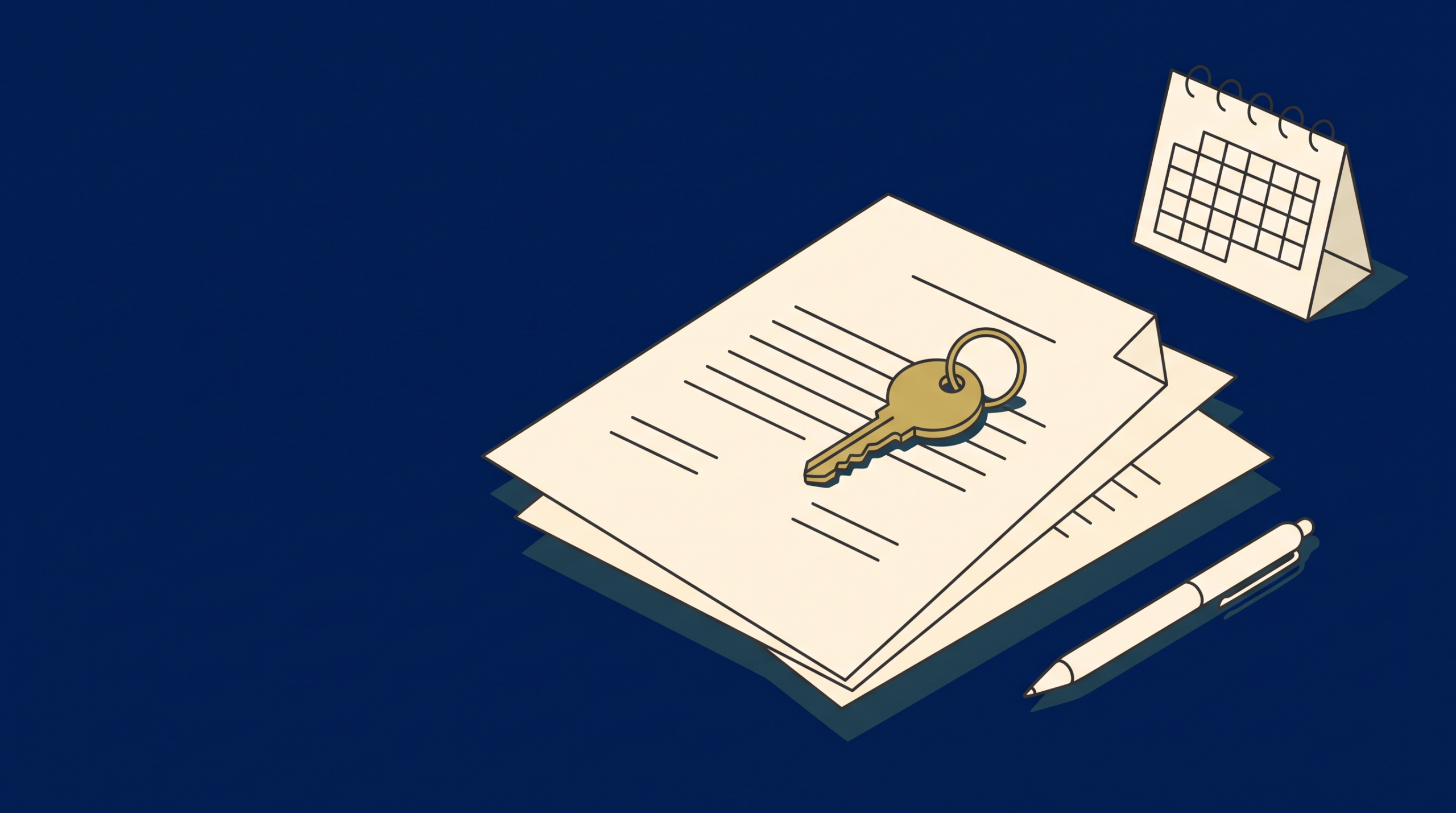 Flat illustration of three stacked legal documents with a gold car key on top beside a blank desk calendar on navy