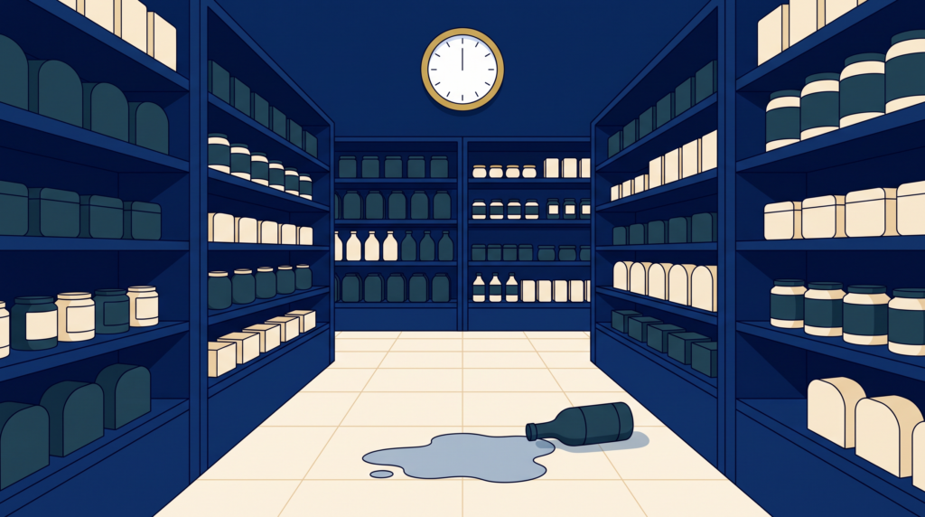 Flat illustration of an empty store aisle with a spilled bottle, a puddle on the tile floor, and a gold-rimmed wall clock